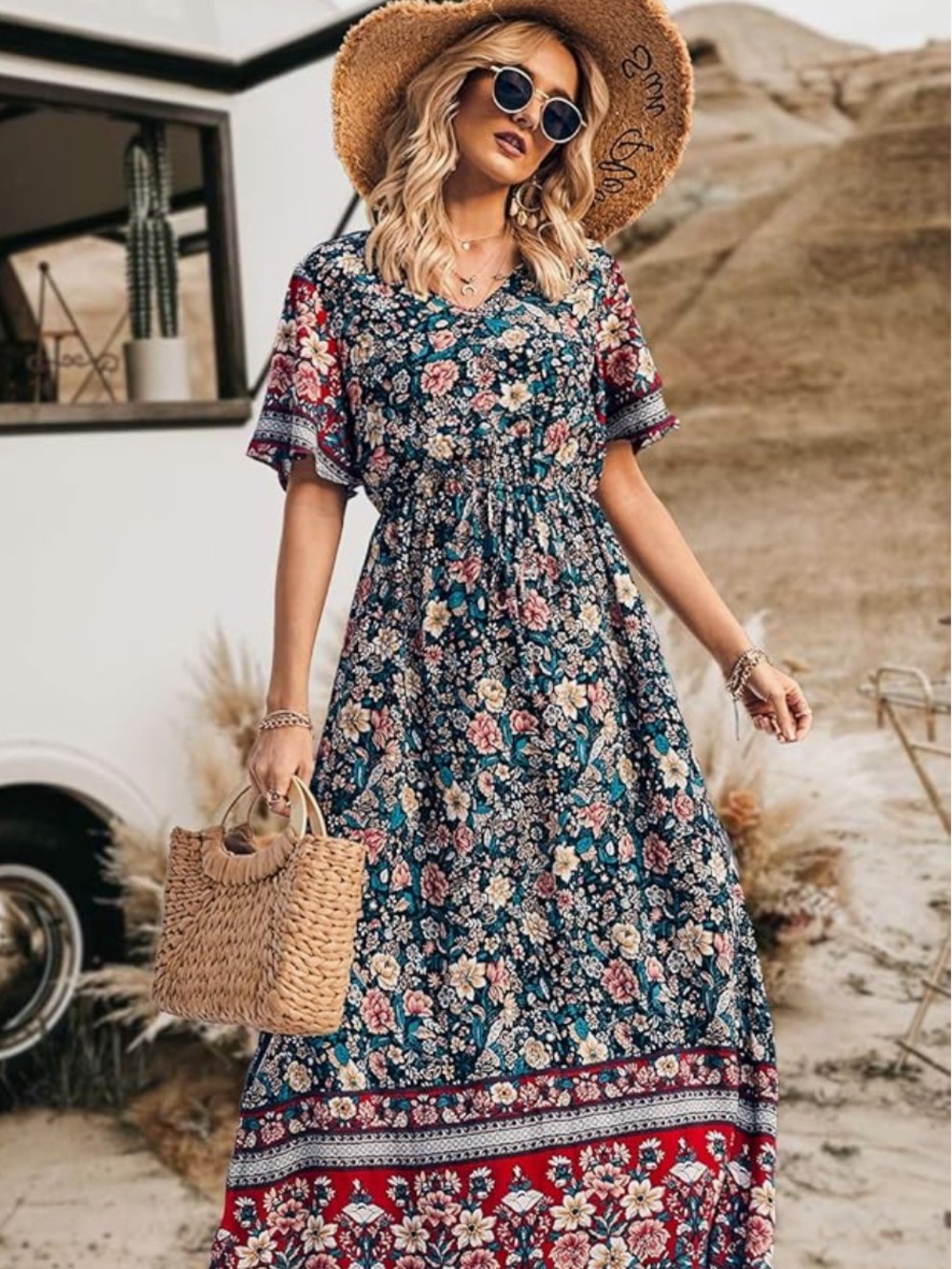 PrettyGarden Floral V-Neck Maxi Dress with Waist Tie in Black Green Red size S